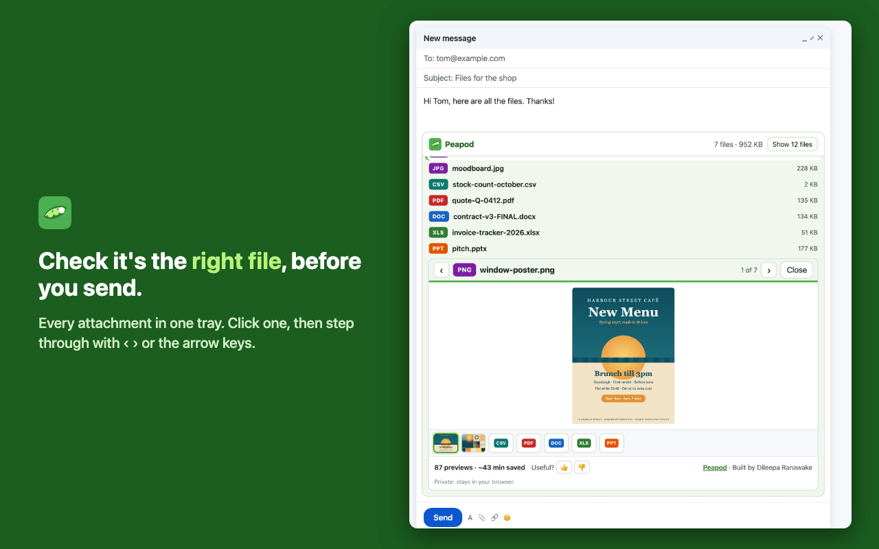 Peapod in a Gmail draft: every attachment listed in one tray, a poster previewed inside the email, 1 of 7, with arrows to step through