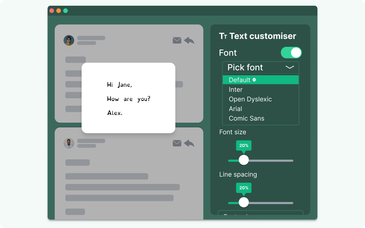 Illustration of an email beside a Text customiser panel with a font list (Default, Inter, Open Dyslexic, Arial, Comic Sans) and sliders for font size and line spacing.