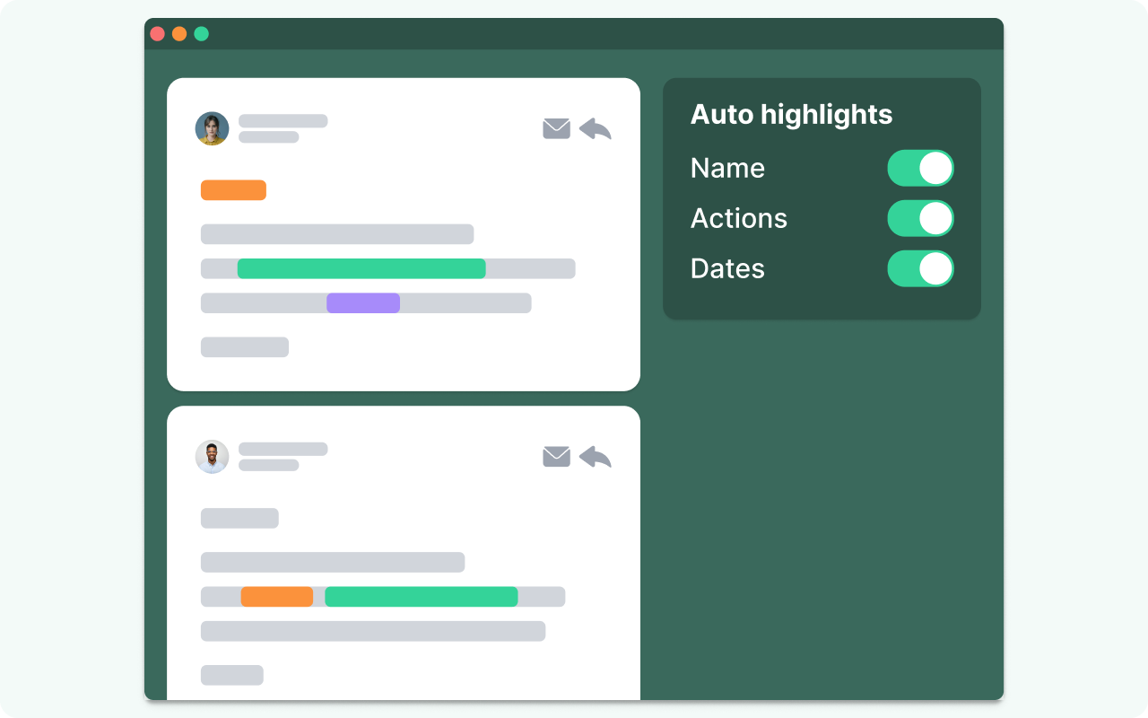 Illustration of two emails with coloured highlight bars, beside an Auto highlights panel with switches for Name, Actions and Dates, all switched on.